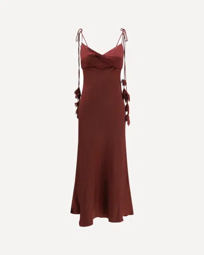 Self-portrait Bordeaux Long Dress With Knotted Shoulder Straps And Floral Details In Fabric Woman In Burgundy