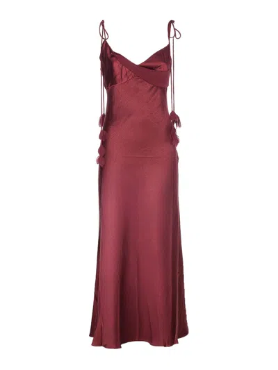 Self-portrait Bordeaux Long Dress With Knotted Shoulder Straps And Floral Details In Fabric Woman In Brown