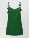 Self-portrait Green Mini Dress With V Neck And Shoulder Straps With Floral Embellishments In Tech Fabric Woman