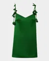 Self-portrait Green Mini Dress With V Neck And Shoulder Straps With Floral Embellishments In Tech Fabric Woman In Green