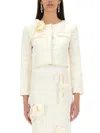 Self-portrait Satin Blazer With 3d Flower In Beige