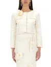 Self-portrait Satin Blazer With 3d Flower In Ivory