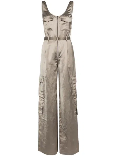 Self-portrait Cargo Satin Jumpsuit In Beige