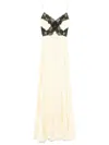 Self-portrait Satin Long Dress With Lace Inserts In Yellow