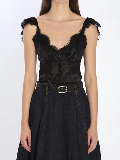 Self-portrait Satin Lace Top In Black
