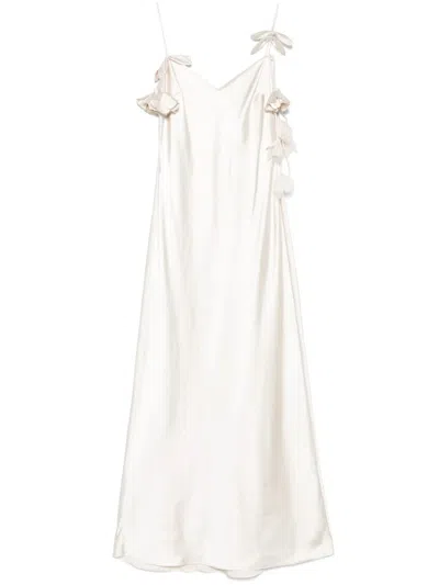 Self-portrait Satin Maxi Dress With Floral Applique In White