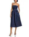 Self-portrait Strapless Pleated Polka-dot Satin Midi Dress In Navy