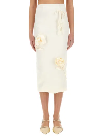 Self-portrait Satin Midi Skirt With 3d Flowers In Beige