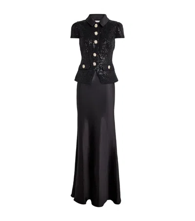 Self-portrait Satin Sequin-embellished Maxi Dress In Black
