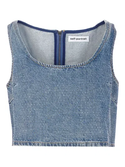 Self-portrait Scoop-neck Denim Crop Top In Blue