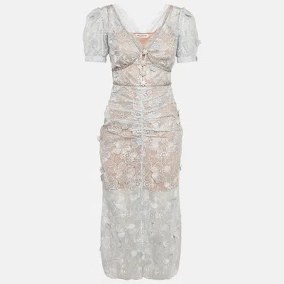 Pre-owned Self-portrait Sea Blue Lace Ruched Midi Dress S