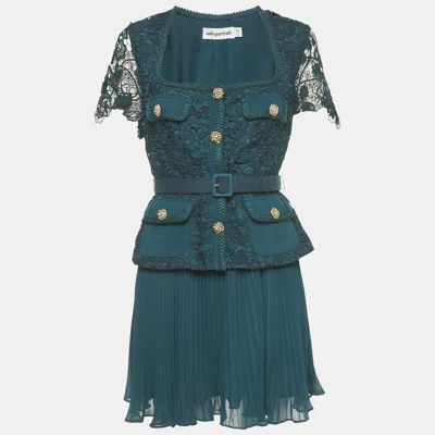 Pre-owned Self-portrait Self -portrait Teal Green Chiffon & Guipure Lace Mini Dress M