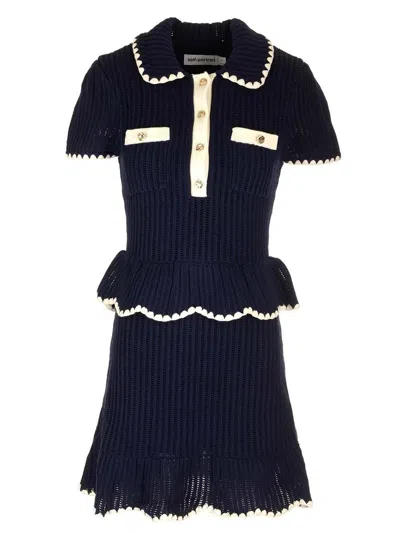 Self-portrait Two-tone Crochet Flared Mini Dress In Navy