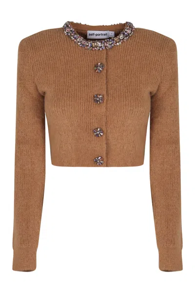 Self-portrait Camel Alpaca Cropped Cardigan With Crystal Trims In Brown