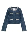 Self-portrait Cropped Denim Jacket With Crystal Chain Trims In Blue