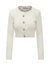 Self-portrait Cropped Sweater With Textured Boucle Knit And Crystal Embellishments In White