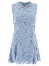 Self-portrait Bue Crewneck Mini Dress With Rhinestoned Collar And All-over Floral Lace Embroidery In Tech Fabric W