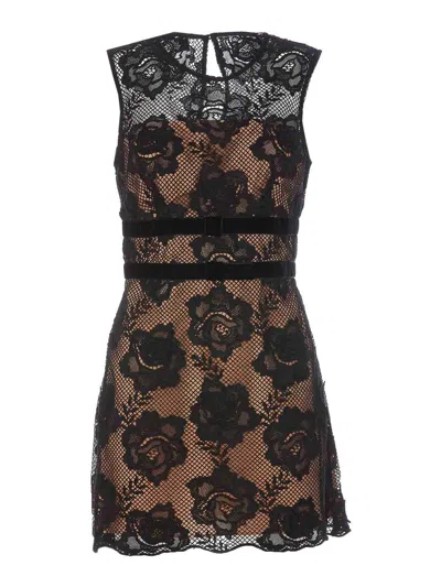 Self-portrait Black Crewneck Mini Dress With Lace Embellishments And Semi Sheer Design