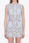 Self-portrait Blue Crewneck Mini Dress With All-over Lace Embroidery And Scallop Hem In Cotton Blend Woman In Light Blue