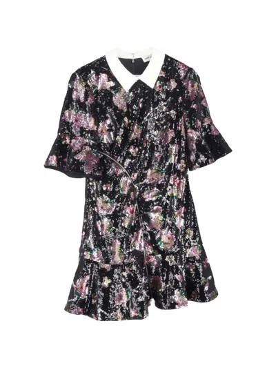 Pre-owned Self-portrait Sequin-embellished Floral-print Dress In Black