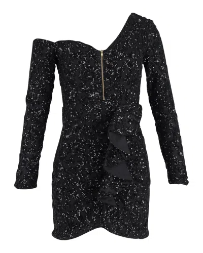 Self-portrait Sequin-embellished Off-the-shoulder Mini Dress In Black Polyester