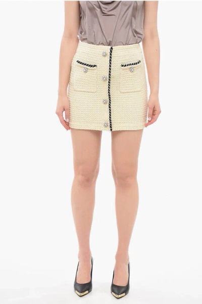 Self-portrait Sequin Knit Miniskirt With Crystal Buttons In Neutral