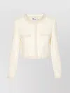 Self-portrait White Crewneck Jacket With Sequin And Faux-pearls Embellishments In Tech Fabric Woman