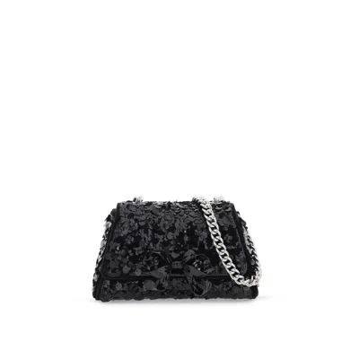 Self-portrait Sequined Bow Mini Shoulder Bag In Black