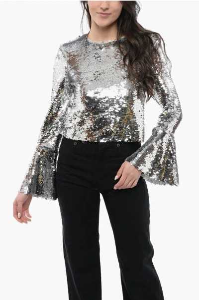 SELF-PORTRAIT SEQUINED CROPPED TOP WITH BELL SLEEVES