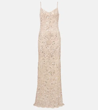 Self-portrait Sequined Floral Maxi Dress In Neutral