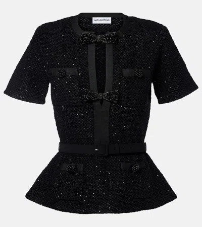 Self-portrait Sequined Knitted Top In Black