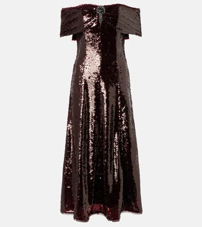 Self-portrait Sequined Off-shoulder Midi Dress In Brown