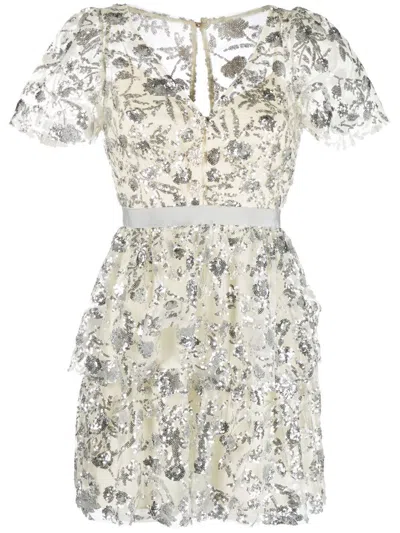 Self-portrait Sequined Tiered Minidress In Neutrals