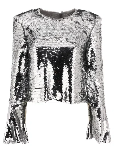 SELF-PORTRAIT SEQUINNED FLARED TOP TOPS SILVER