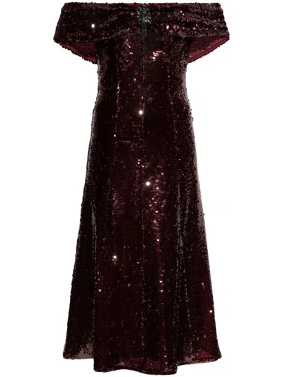 Self-portrait Sequinned Off-shoulder Dress In Brown