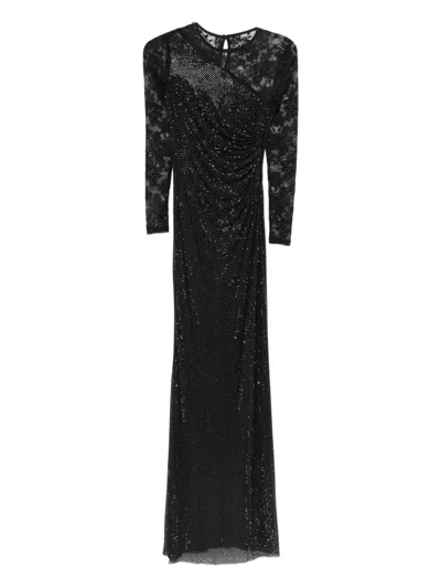 Self-portrait Rhinestone-embellished Long-sleeve Maxi Dress In Black