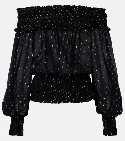 SELF-PORTRAIT SHIRRED METALLIC-EFFECT OFF-SHOULDER TOP