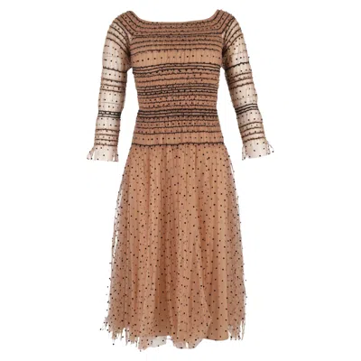 Self-portrait Shirred Polka-dot Off Shoulder Midi Dress In Nude Polyamide In Brown