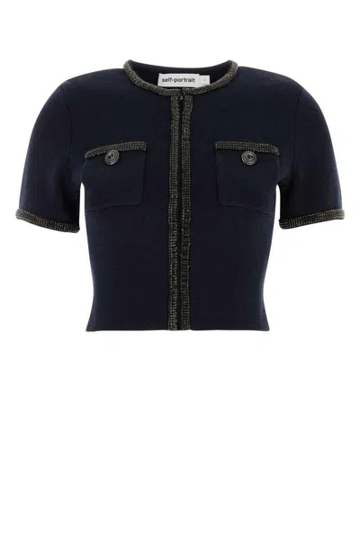 Self-portrait Navy Blue Stretch Wool Blend Cardigan
