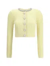 Self-portrait Cardigan In Mixed Wool With Rhinestones In Yellow