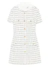 Self-portrait White Mini Dress With Jewel Buttons And All-over Check Motif In Tech Fabric Woman In White