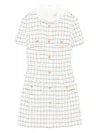 Self-portrait White Mini Dress With Jewel Buttons And All-over Check Motif In Tech Fabric Woman In White