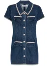 Self-portrait Blue Mini Dress With Rhinestoned Collar And Jewel Buttons With Crystals In Denim Woman In Blue