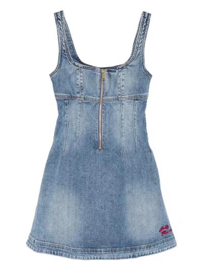 Self-portrait Short Denim Dress With Zip In Blue