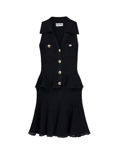 Self-portrait Short Dress In Openwork Knit With Jewel Buttons In Black