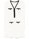 Self-portrait Textured White Dress With Beaded V-neckline In White