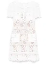 Self-portrait White Mini Dress With Jewel Buttons With Crystals And All-over Floral Lace Embroidery In Tehc Fabric In White