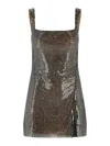 Self-portrait Gunmetal Grey Dress With Thin Straps And All-over Rhinestone Application In Tech Fabric Woman In Gray