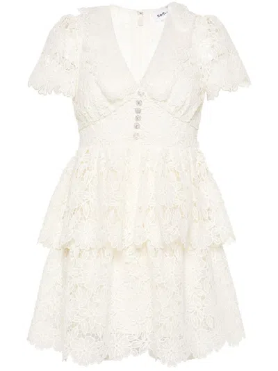 Self-portrait Floral-macramé Belted Minidress In Beige
