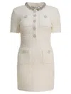 Self-portrait Mini Dress With Knit Tweed Texture And Crystal Accents In White